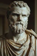 Fototapeta premium Ancient marble bust of a bearded philosopher with draped clothing in a museum setting showcasing classical art and sculpture with historical significance and artistic detail