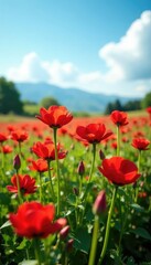 Fototapeta premium A field of Red Turk's cap flowers in full bloom under a sunny sky, landscape, plant life, turks cap flowers
