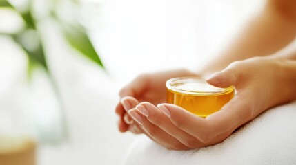 A person gently massaging their elbow with oil in a calming spa environment. Featuring relaxation and healing