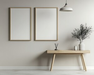 Neutral Modern Living Room with Simple Wooden Console and Framed Posters