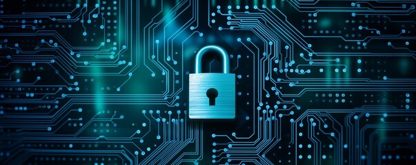 Fototapeta premium Padlock Embedded in Circuit Board Representing Digital Security. Generative ai