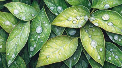 Fototapeta premium Leaves covered in water droplets after a rainfall event