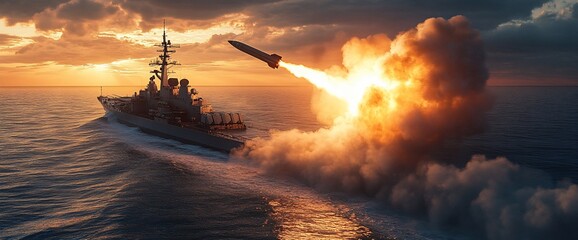 Spectacular missile launch from a navy warship at sunset, showcasing military power