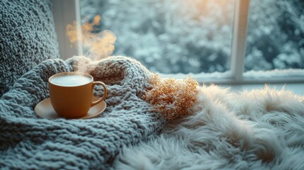 Cozy Winter Morning Warm Drink by Snowy Window