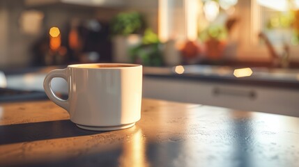 A white ceramic mug with a rich coffee inside, sitting on a kitchen counter with a warm, inviting...