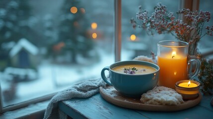 Cozy Winter Evening Warm Soup, Candles, and Snowy View