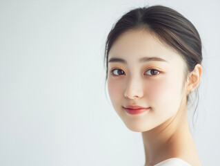 Naklejka premium 白バックの笑顔の若いアジア人女性のアップのポートレート