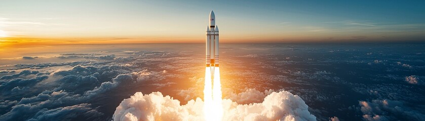 Obraz premium A rocket launching into the sky, flames and smoke billowing beneath, intense energy of propulsion, detailed spacecraft textures, cinematic lighting, high-tech engineering marvel, ultra-realistic