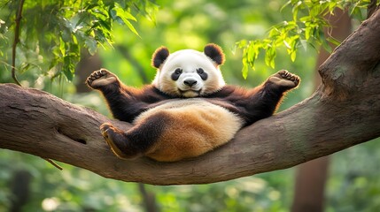 Obraz premium Panda relaxing in lush forest tree