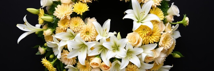 Obraz premium Exquisite Floral Wreath Displayed on Elegant Black Background Creating a Stunning Visual Contrast