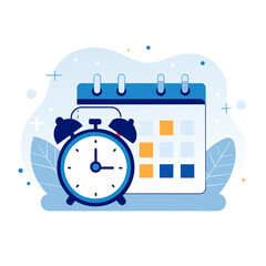Obraz premium Simple alarm clock and calendar graphic illustration with abstract, pastel background. Flat design of time management tools with no people or specific location.