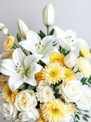 Fototapeta premium Elegant Vase Overflowing with Beautiful White and Yellow Flowers Creating a Bright Cheerful Atmosphere