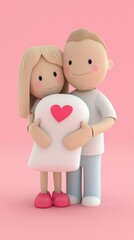 Cartoon couple expecting baby, pink background, illustration, stock photo