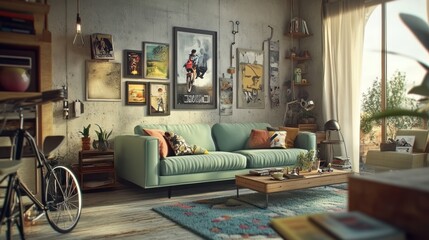 Light green couch sits below eclectic art gallery wall