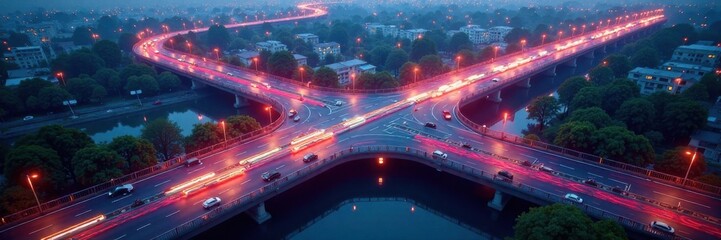 Futuristic traffic intersection with connected roads , road, highway, intersection