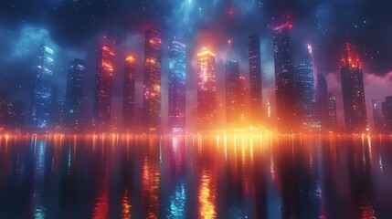 Fototapeta premium Neon cityscape reflecting on water, night, futuristic, vibrant, digital art, background