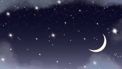 Naklejka premium A serene night sky with a glowing crescent moon and twinkling stars above soft clouds. A peaceful celestial scene perfect for backgrounds, dreamlike themes, and cosmic designs.