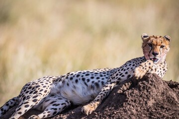 Cheetah Resting Atop Termite Mound in Savannah, Serengeti, Tanzania, Africa