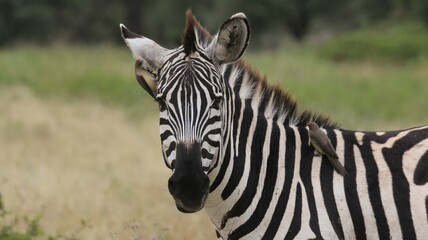 Zebra Portrait with Oxpeckers in African Savannah