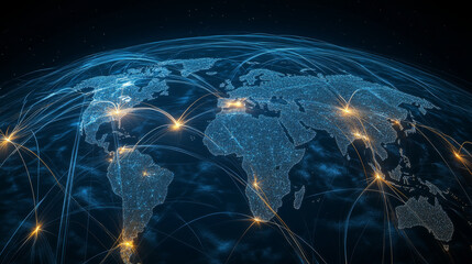 digital world map with glowing connections and data points, representing global communication and technology. image conveys sense of interconnectedness and innovation