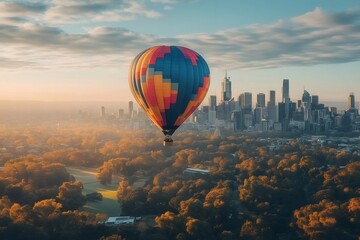 Naklejka premium Colorful hot air balloon flying over Melbourne at sunrise