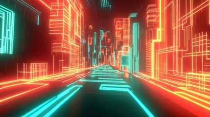 Neon city landscape with vibrant glowing digital outlines on buildings