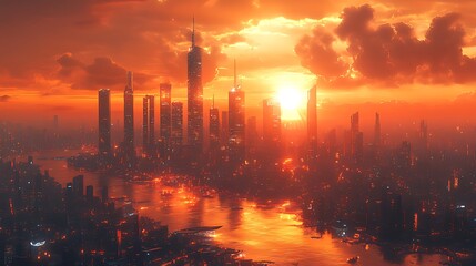 Futuristic city sunset aerial view, fiery sky, river