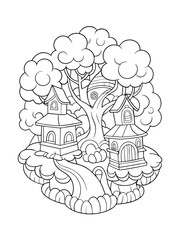  Whimsical Treehouse Village in an Enchanted Forest – Adult Coloring Page