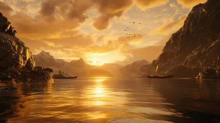 Golden sunset casts a warm glow over a mountainous fjord