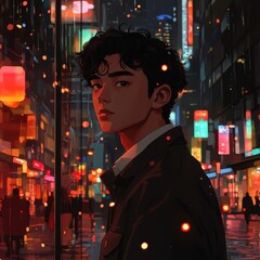 Obraz premium Melancholic Anime Boy in Rainy Neon City Night