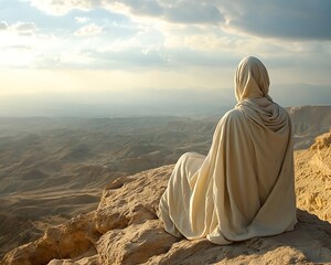 A cloaked figure is sitting on a rocky cliff