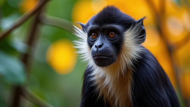 A mono titi with black fur and white facial hair is seen in a natural setting with a blurred green and yellow background.