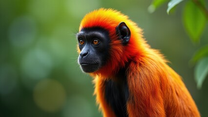 Obraz premium A mono titi with vibrant orange fur and a black ear is captured against a blurred green background.