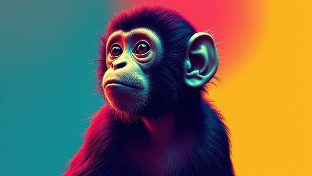 A mono titi with vibrant, colorful lighting highlighting its ear and fur.