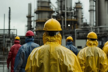 back view of workers at construction site, wearing workwear and hard hats 