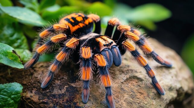 Mexican red kneed tarantula resting on a stone surface
