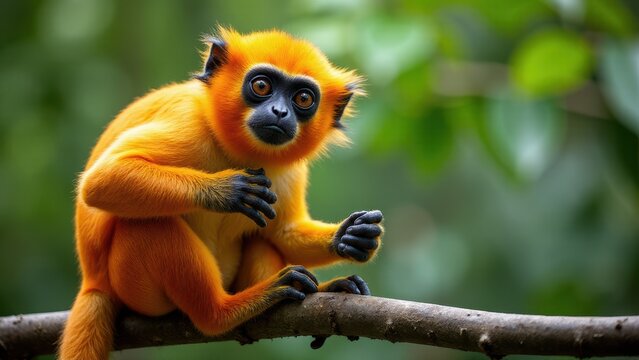 A mono titi with bright orange fur and black hands sits on a branch in a lush green environment.