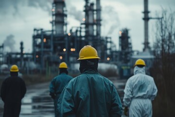 back view of workers in industrial factory, wearing workwear and hard hats