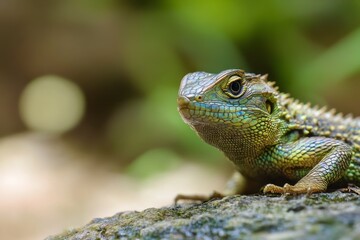 Obraz premium Close-Up of an Asian Water Dragon, Reptile Resting on Mossy Rock, Vibrant Scales and Detailed Eye, Wildlife Observation