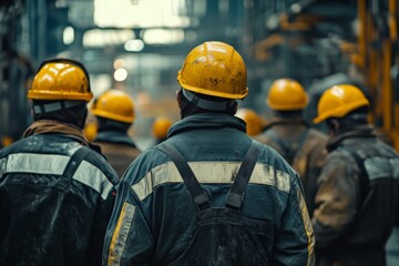 Fototapeta premium back view of workers in industrial setting, wearing overalls and yellow hard hats