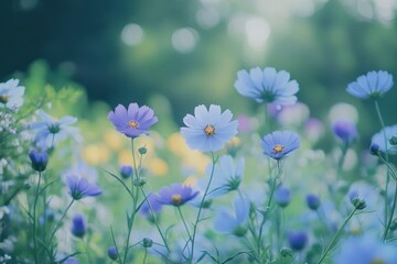 Fototapeta premium Ethereal cosmos flowers blooming in a serene field, showcasing delicate petals and soft pastel colors, perfect for backgrounds or 