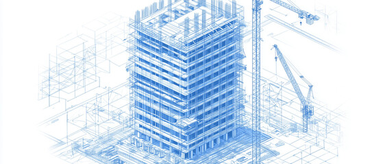 Fototapeta premium A technical isometric blueprint of a skyscraper under construction, surrounded by scaffolding and cranes
