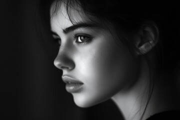 Fototapeta premium Serene Profile Portrait of a Young Woman with Delicate Features in Monochrome