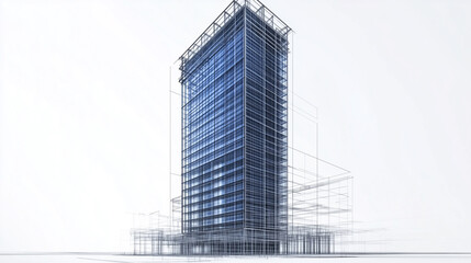 Obraz premium A towering high-rise skyscraper in an innovative architectural rendering, featuring a steel frame model in a detailed blueprint style