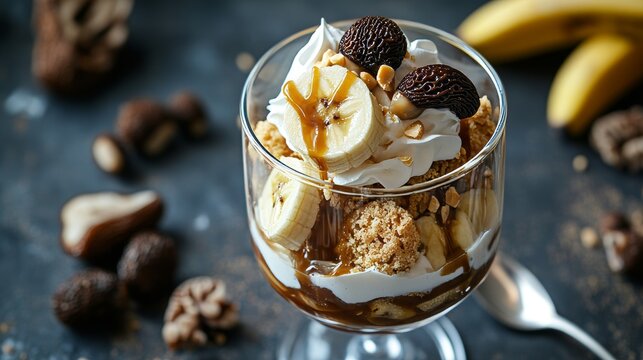 a glass dessert with slices of caramel banana and biscuit