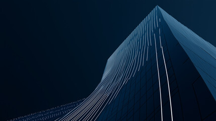 A towering modern office skyscraper stands against the skyline, its navy blue surfaces accentuated by crisp white chart lines