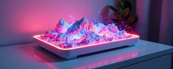 Glowing holographic display on a sleek white console, digital, interface, sci-fi
