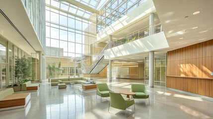 An airy, contemporary atrium featuring towering glass walls and skylights that allow sunlight to dance across polished concrete flooring