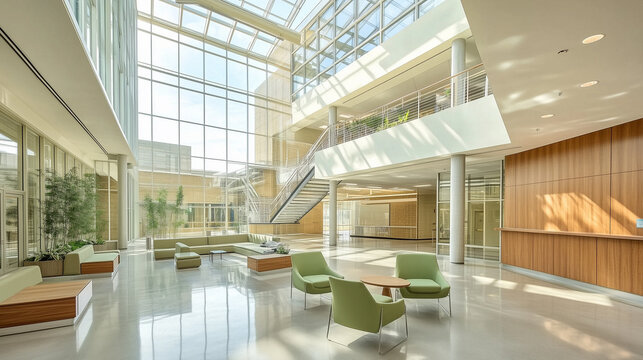 An airy, contemporary atrium featuring towering glass walls and skylights that allow sunlight to dance across polished concrete flooring