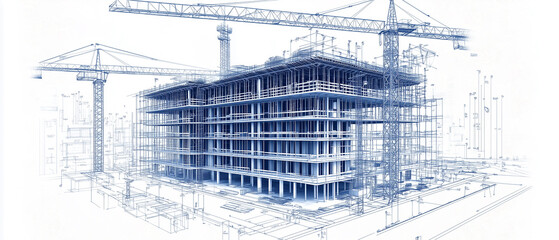 Obraz premium An architectural blueprint of a skyscraper under construction, surrounded by scaffolding and cranes, featuring a multi-story complex with a modern design